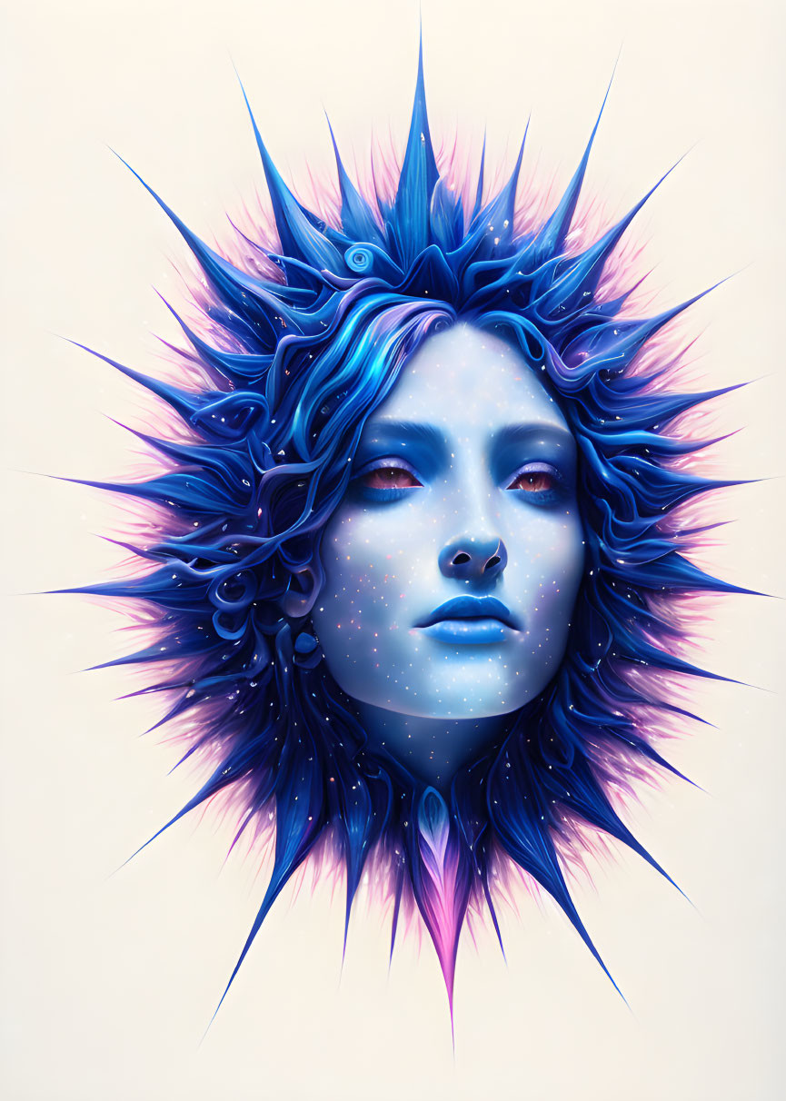 Blue-skinned person with radiant spiked hair in blue and purple, serene expression, and star-like fre