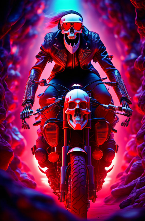 Person in Skull Helmet Rides Skull-Designed Motorcycle in Neon Setting