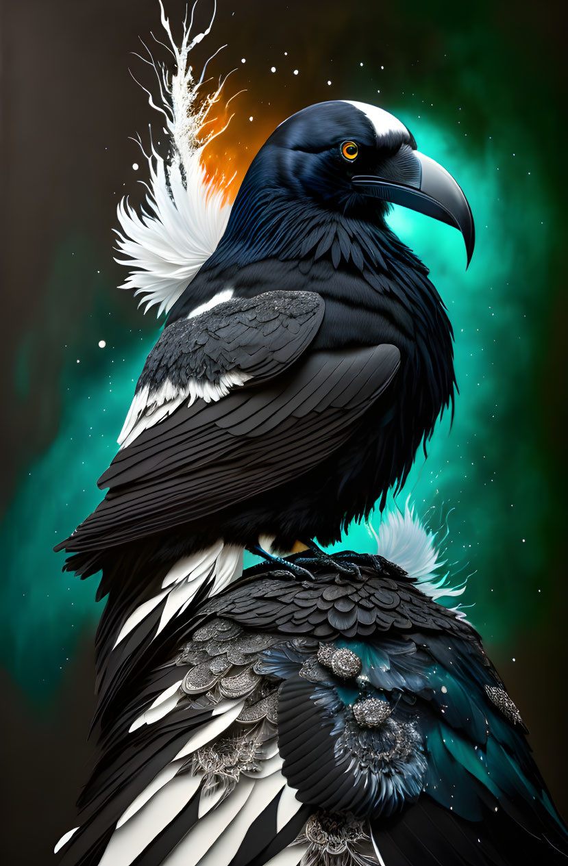 Intricate white and turquoise patterned raven on dark background