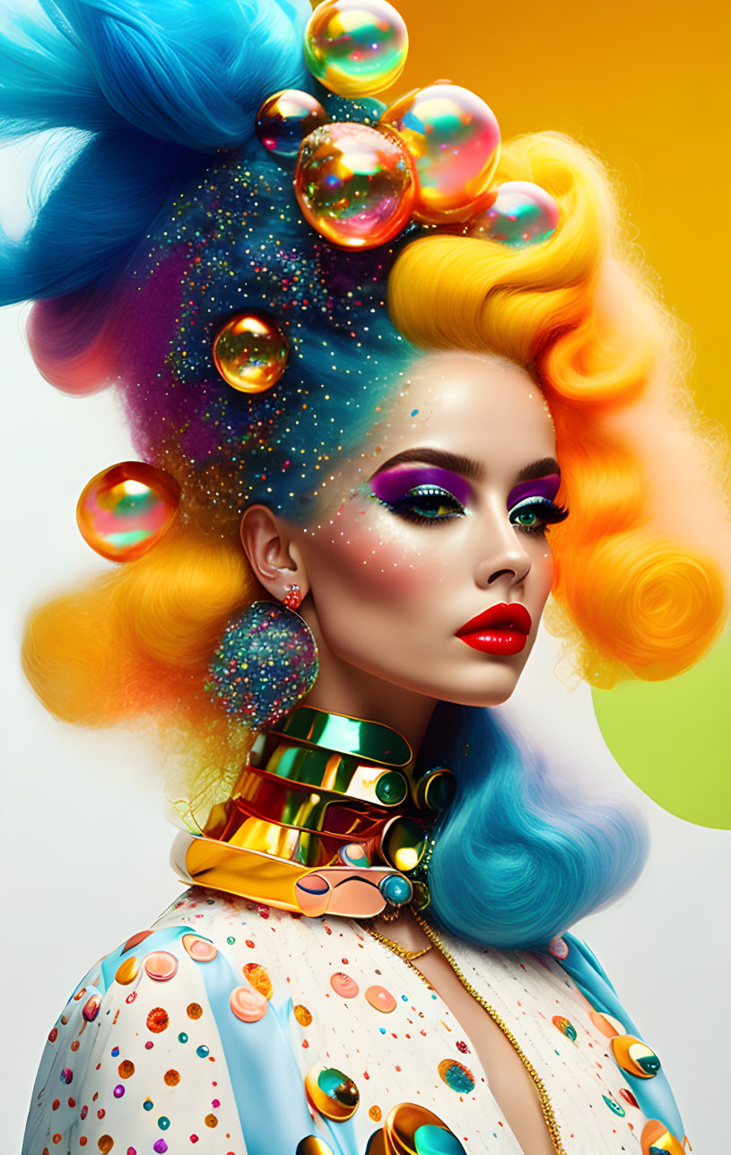 Colorful portrait of woman with multicolored hair and makeup in bubble-filled setting