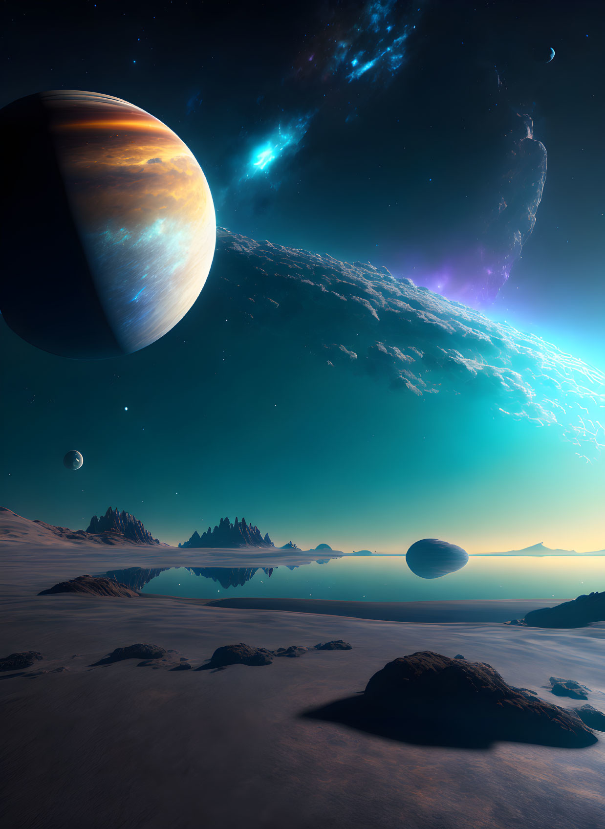 Alien desert landscape with planet, moons, stars, and nebula.