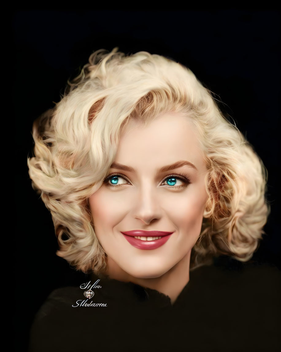 Smiling woman portrait with blonde hair and blue eyes on black background