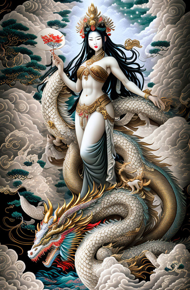 Mystical female figure with black hair and golden dragon in nature scene