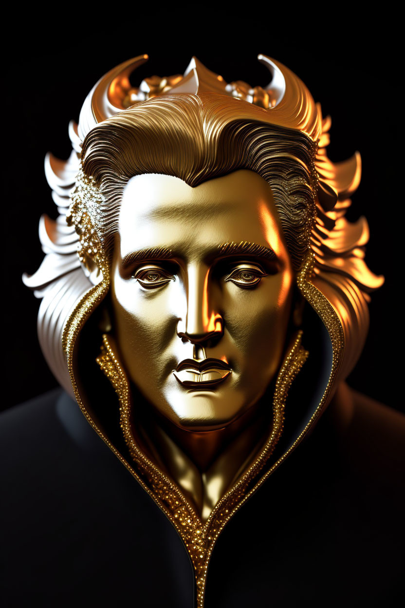 Golden and black stylized portrait of a man with elaborate hairstyle and devilish horned silhouette on dark