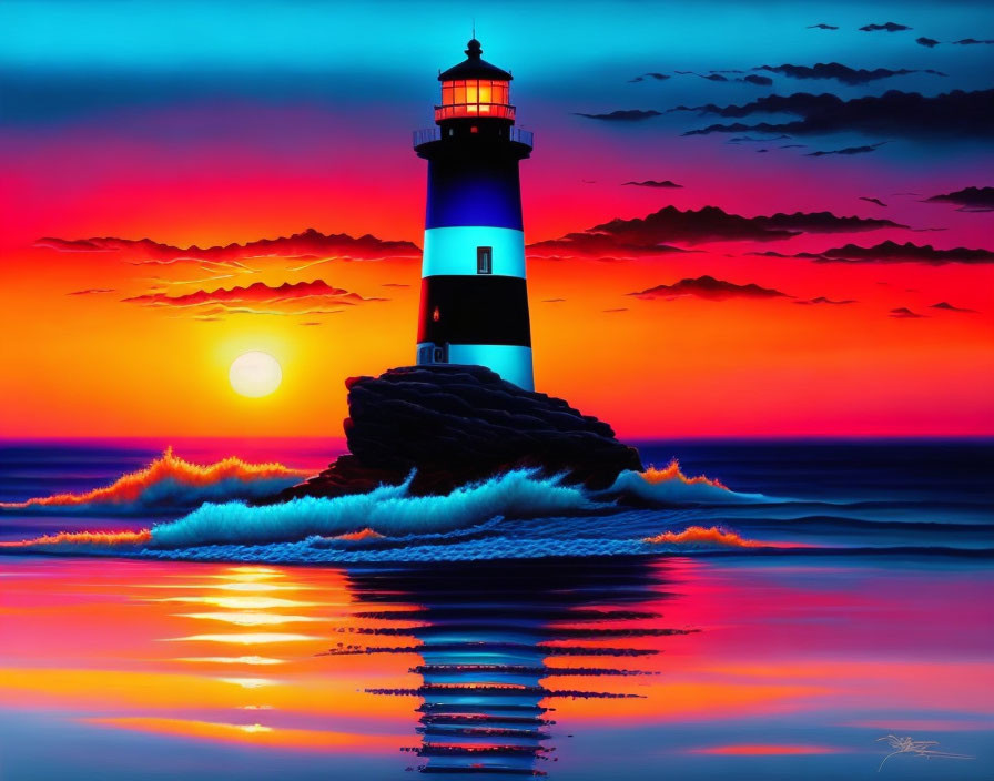 Colorful digital artwork of lighthouse on rock at sunset