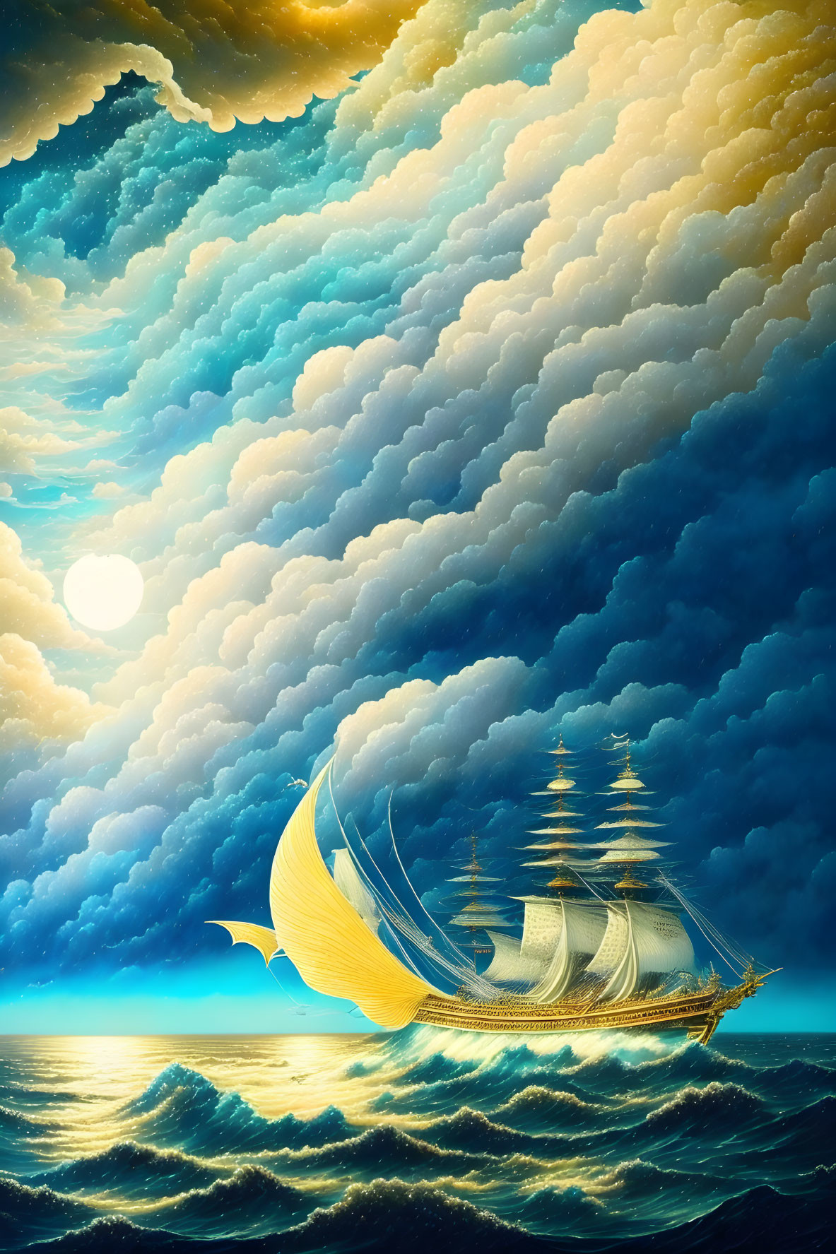 Sailing ship with towering sails on turbulent seas under dramatic sky