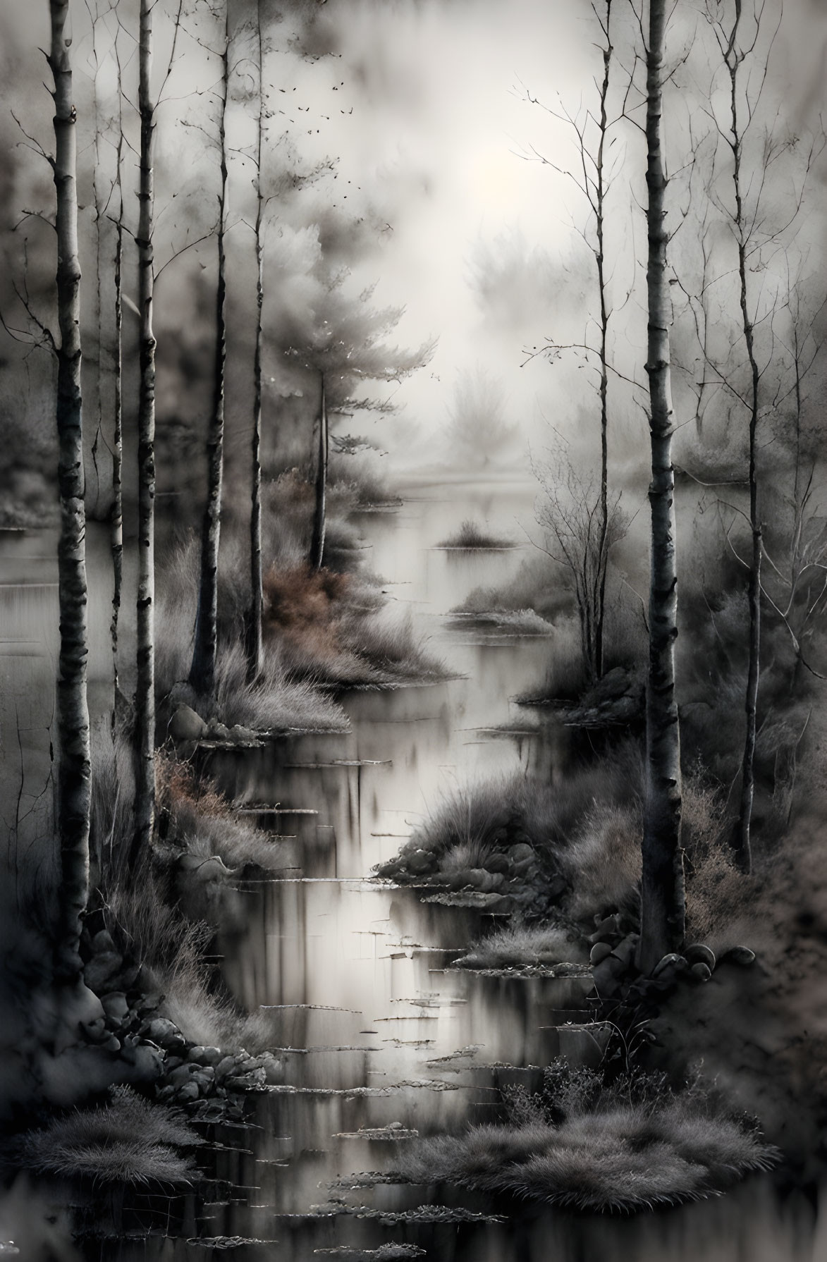 Monochrome forest landscape with birch trees and stream reflections