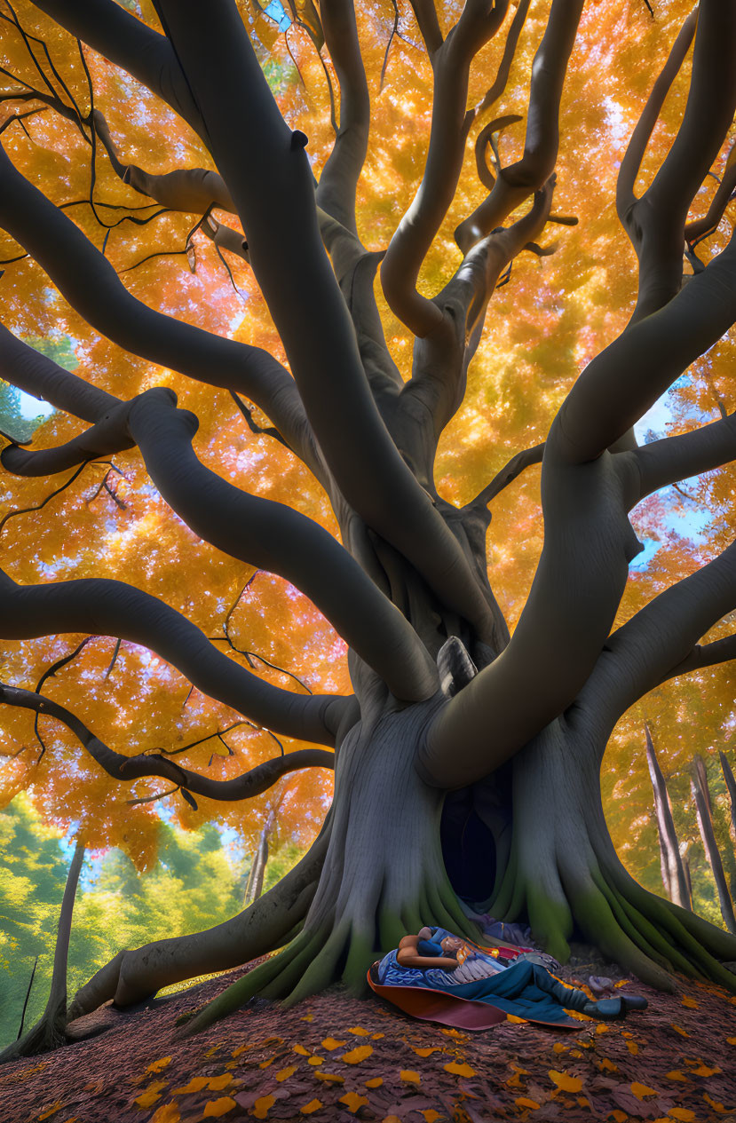 Person resting under giant tree in golden leaf forest