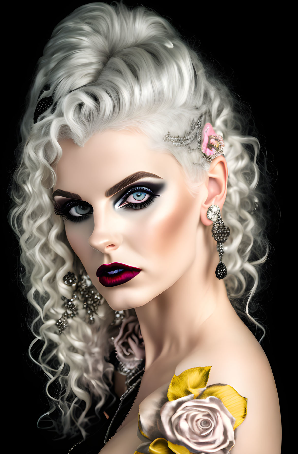 Portrait of Woman with Curly Blonde Hair and Bold Makeup