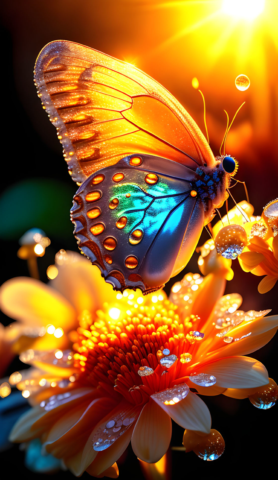 Orange-tipped butterfly on dew-covered orange daisy in sunlight