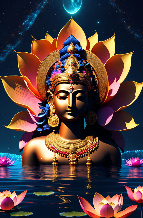 Digital artwork: Multi-armed deity with halo in serene night sky above lotus-filled waters