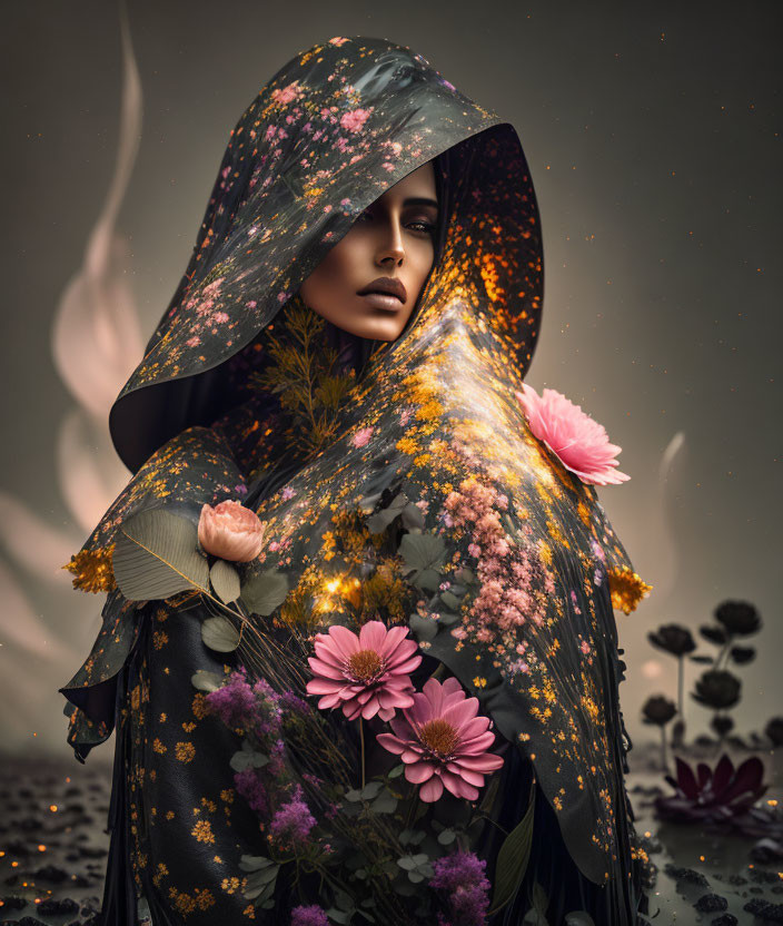 Woman in starry, floral cloak with enchanting gaze amid floating petals