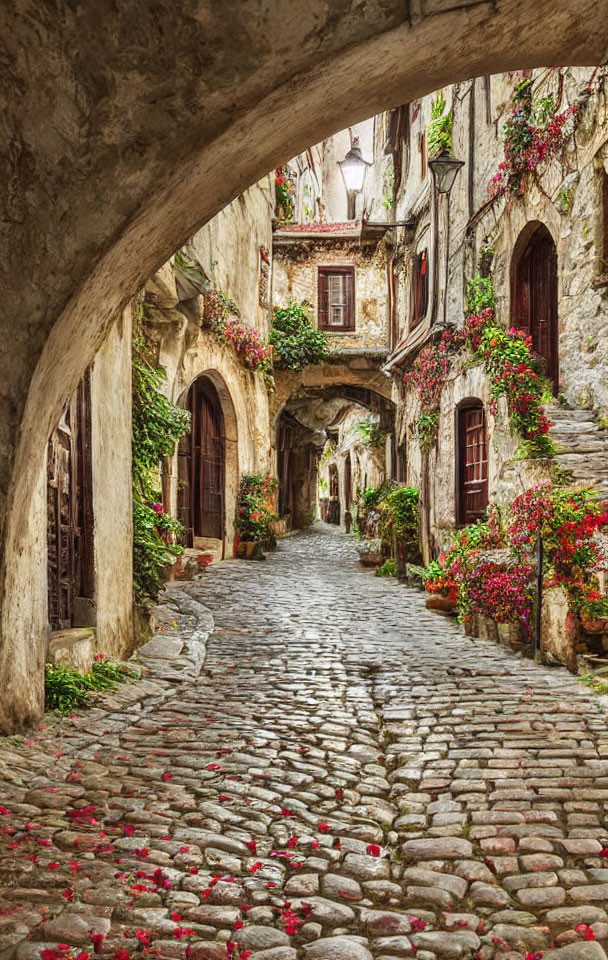 Quaint village cobblestone street with arch and flowering plants