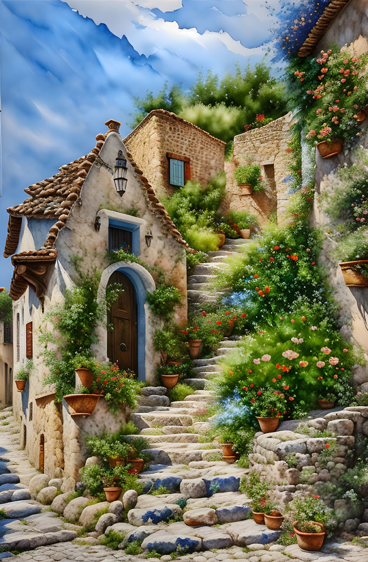 Stone stairway surrounded by plants leading to old houses under blue sky