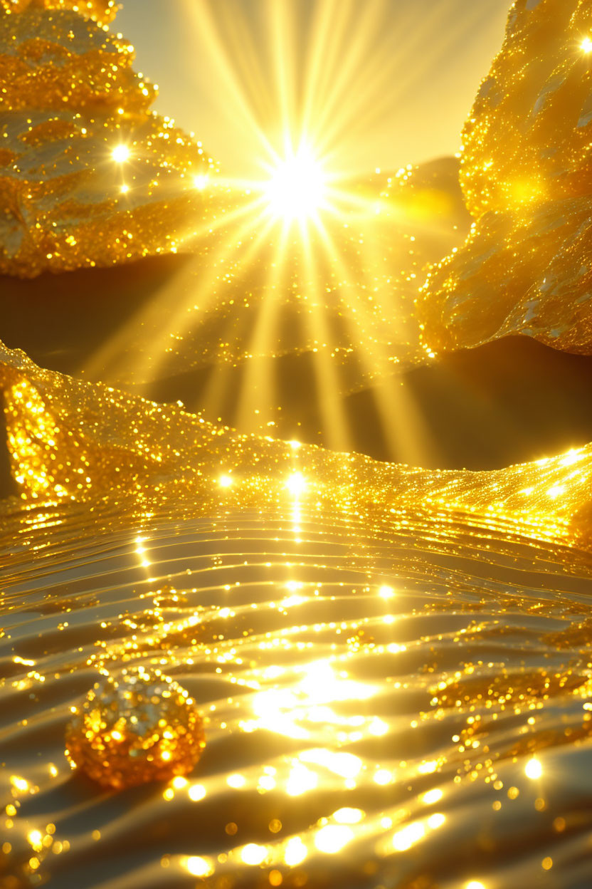 Sunlight Sparkling Over Golden Glitters and Nuggets: Radiant Light Beams Reflecting on Sh