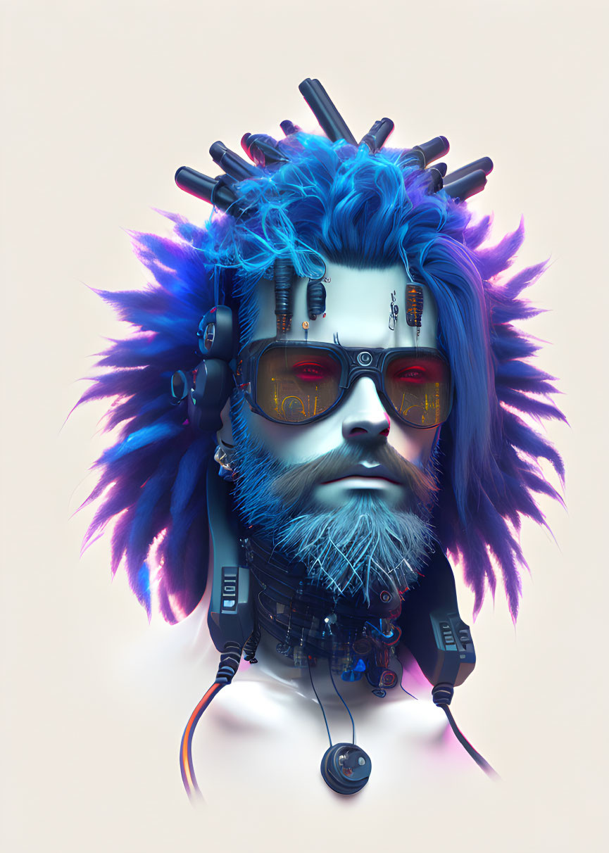 Futuristic portrait with blue and purple hues and cyberpunk-style elements