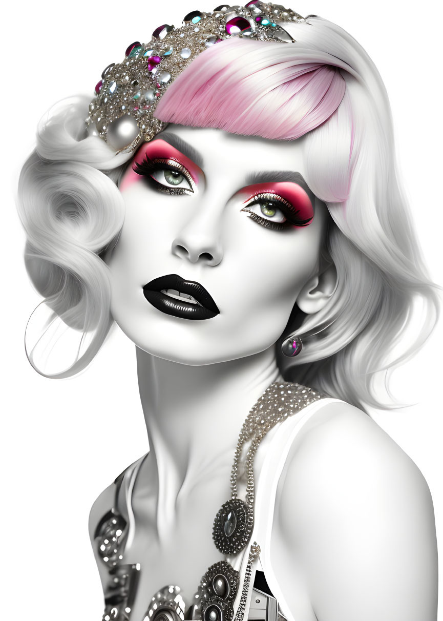 Grayscale portrait of woman with pink hair and jeweled accessories