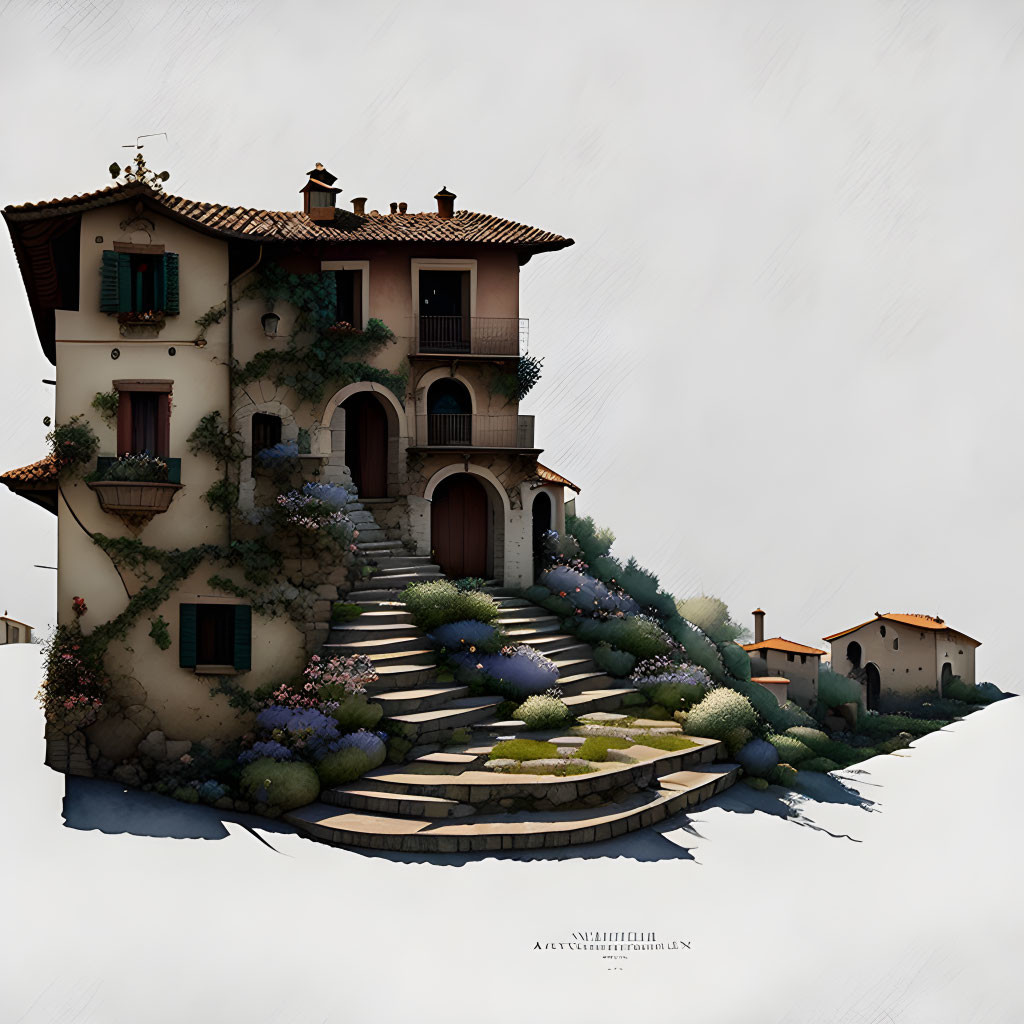 Detailed illustration of multi-level stone house with balconies, lush plants, flowers, clear sky