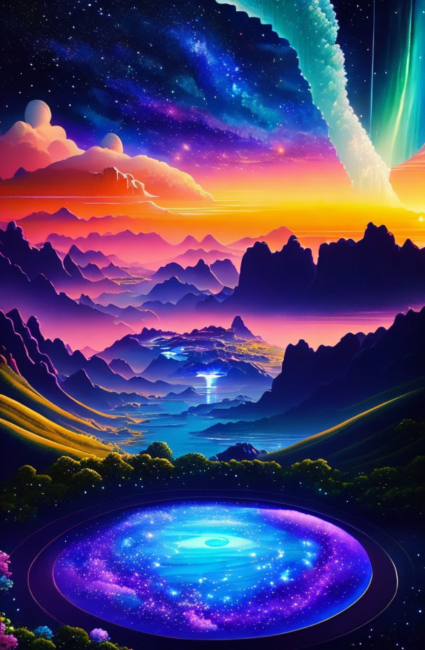 Fantasy landscape with layered mountains, starry sky, comet, celestial pool