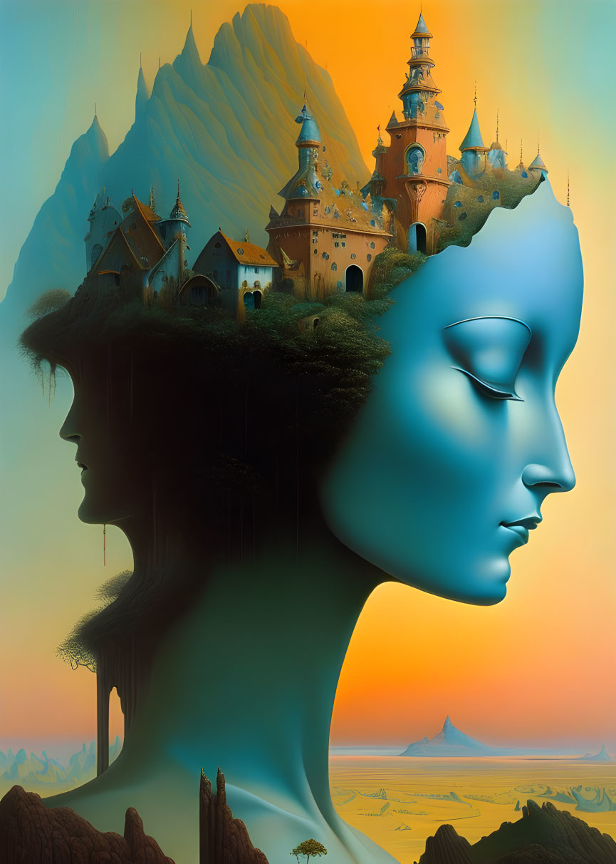 Surreal profile illustration blending head and landscape with castle on mountain backdrop