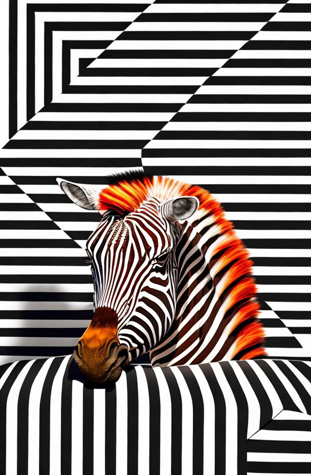 Striped zebra blends into black and white background with optical illusion