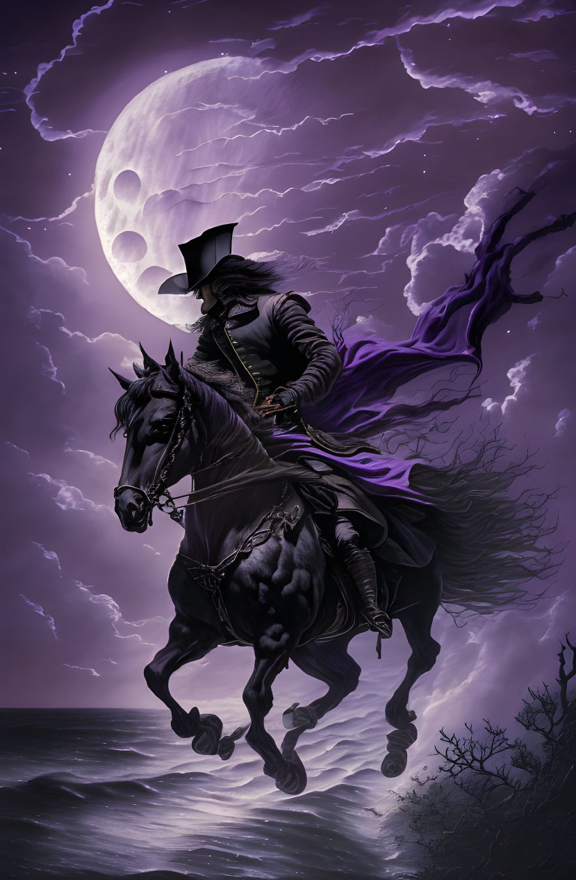 Mysterious Figure on Black Horse Under Moonlit Purple Sky