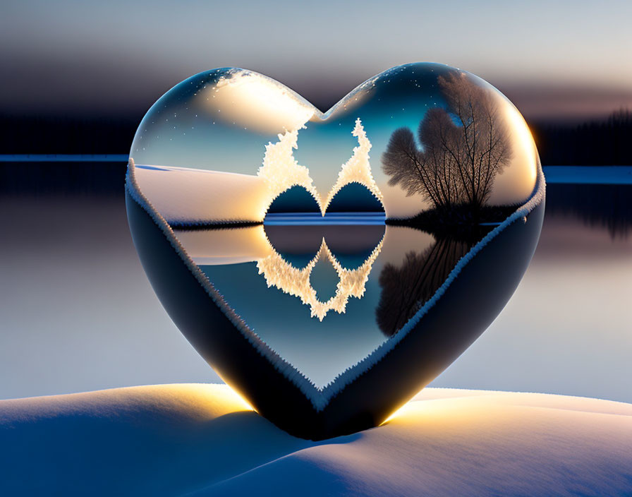 Heart-shaped reflective surface showing serene lake, trees, frost pattern, twilight sky