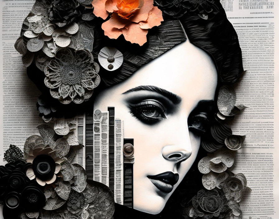 Artistic portrait of woman with paper flowers and newspaper clippings hair.