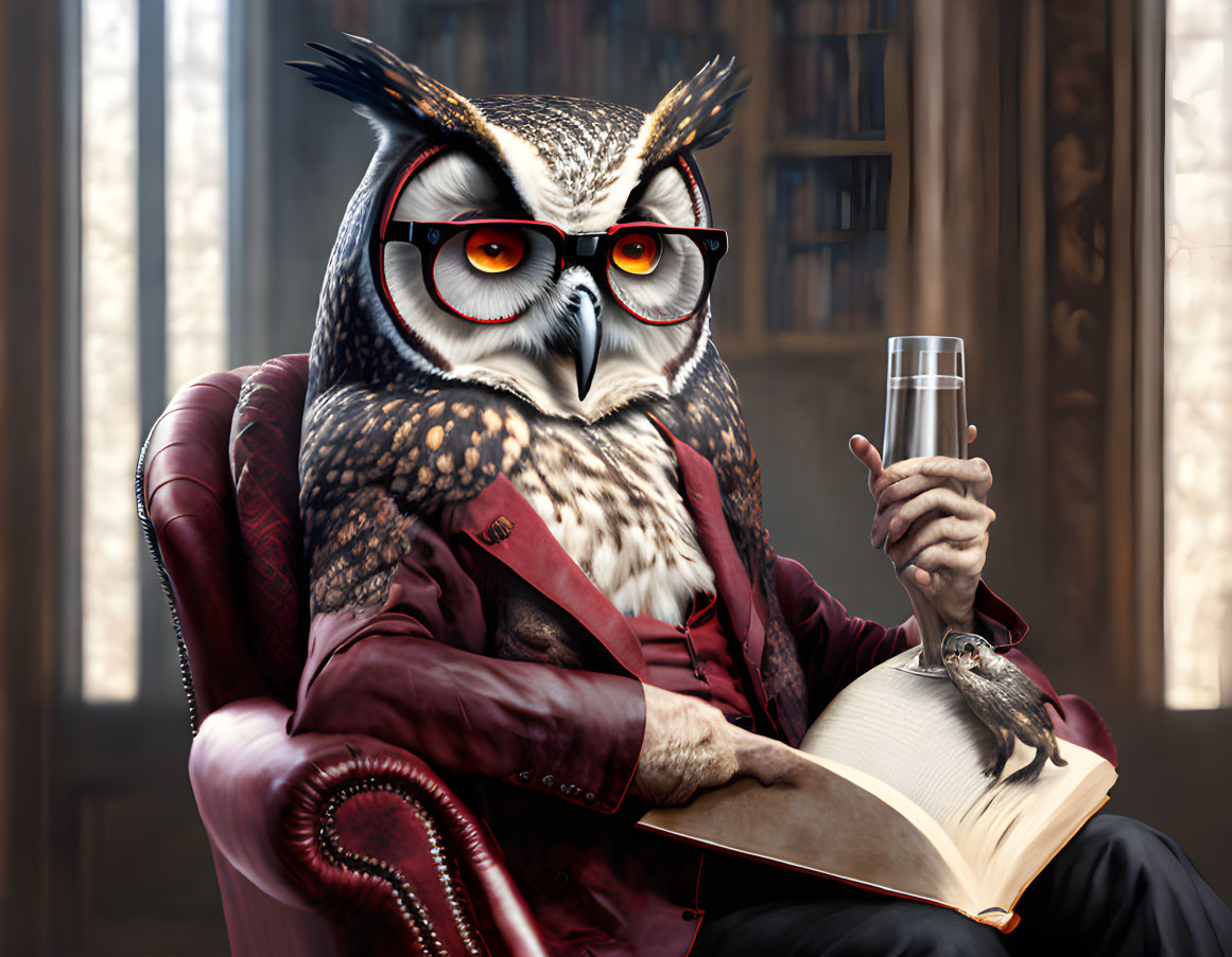 Anthropomorphic owl in suit with book and champagne glass in plush chair