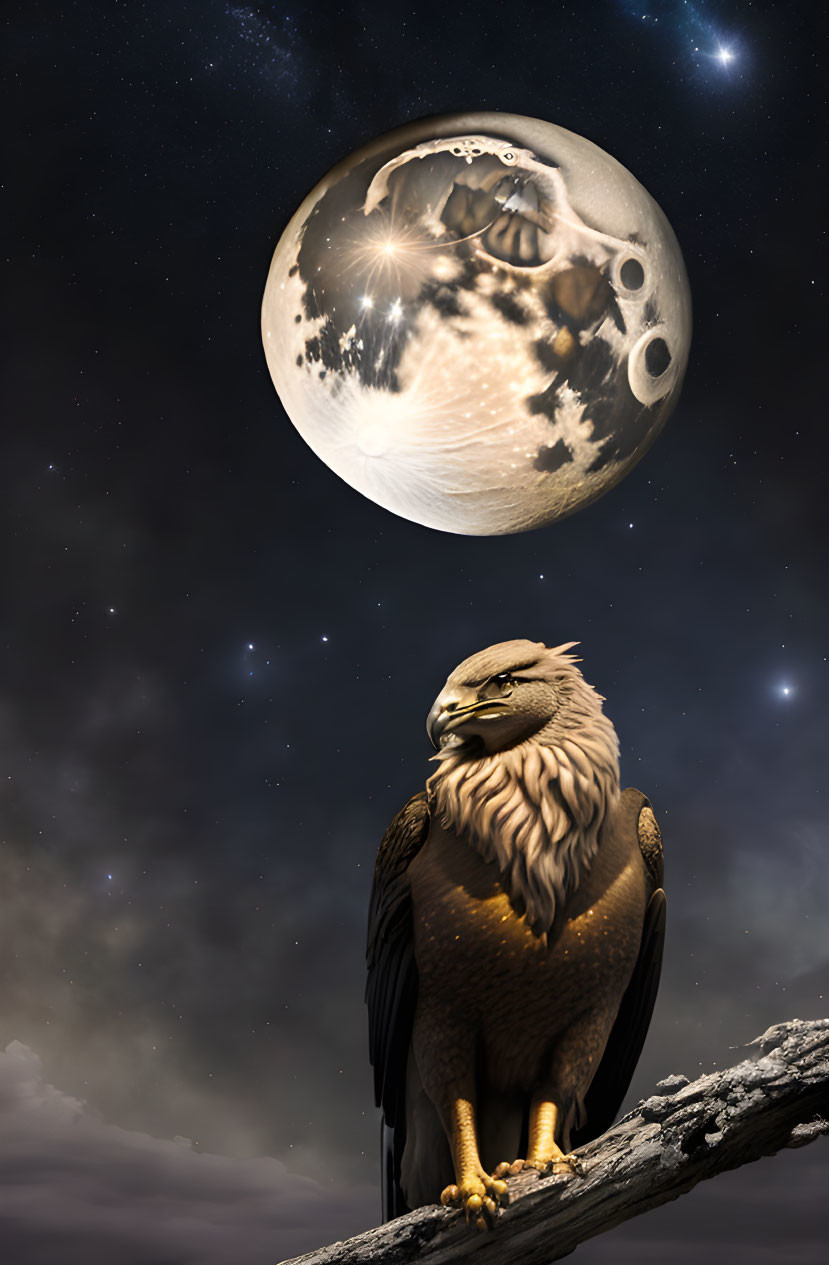 Majestic eagle perched on branch under detailed night sky