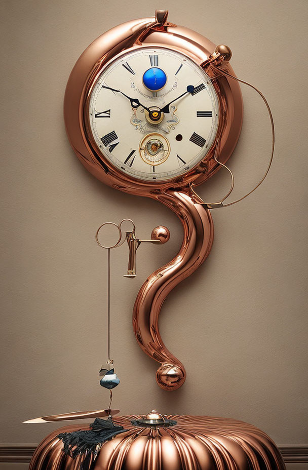 Copper-colored pocket watch with visible inner mechanics and miniature person on swing.