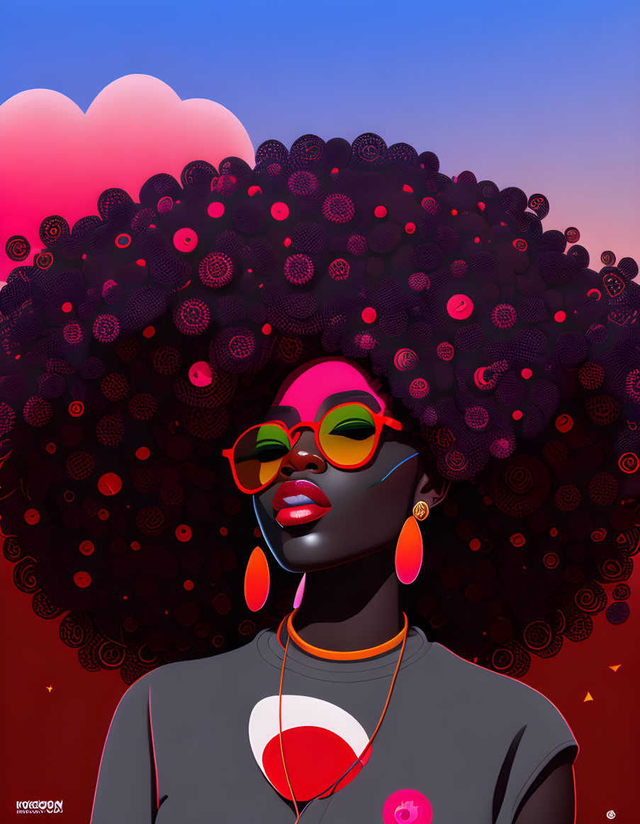 Fashionable woman with curly hair, sunglasses, and accessories on colorful background