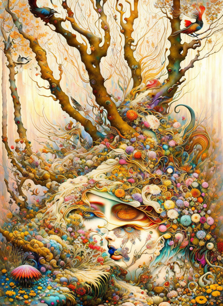 Surreal illustration: Woman's face merges with colorful flora, tree, and bird