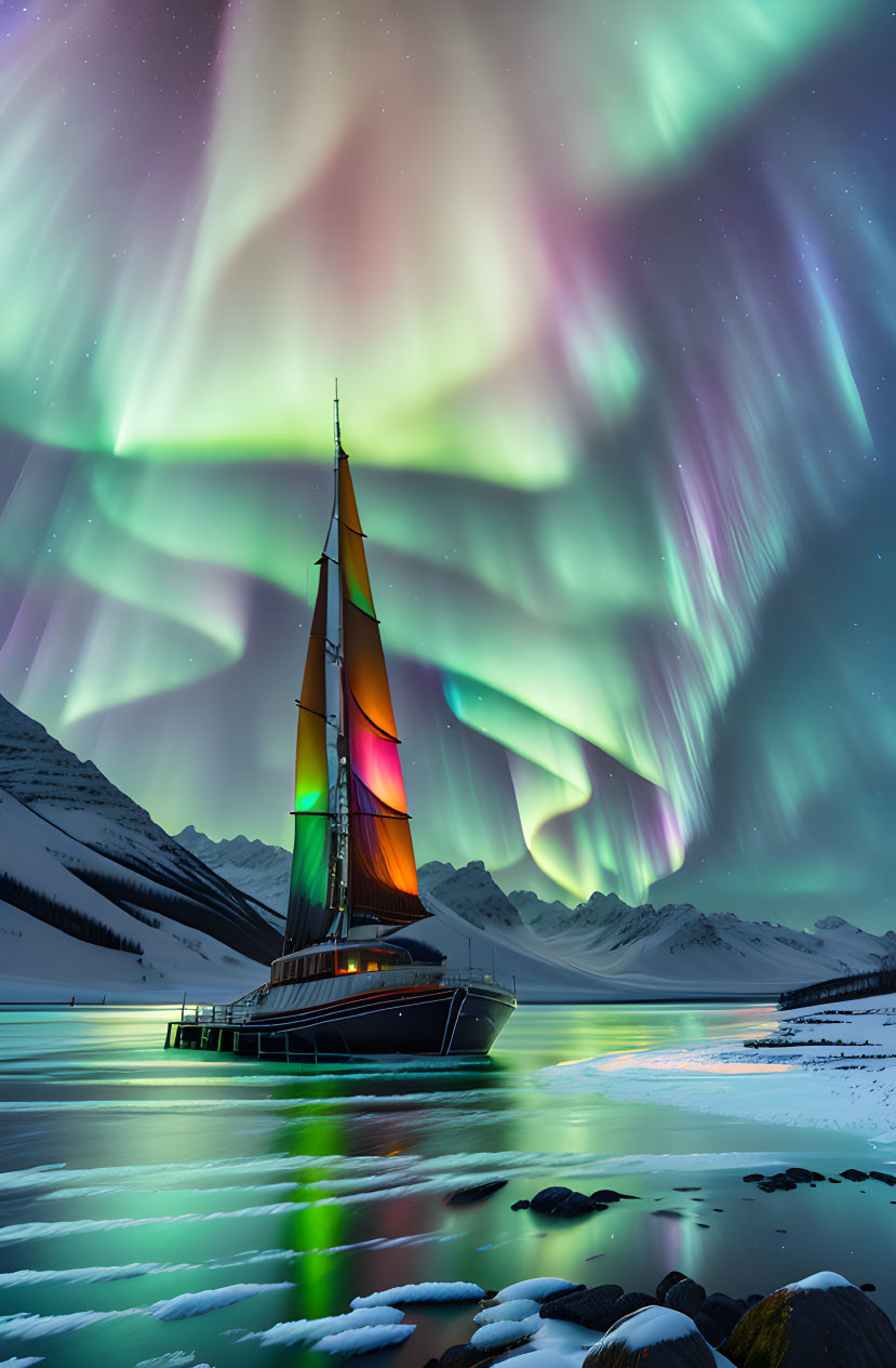 Snow-covered landscape with sailboat under vibrant aurora borealis