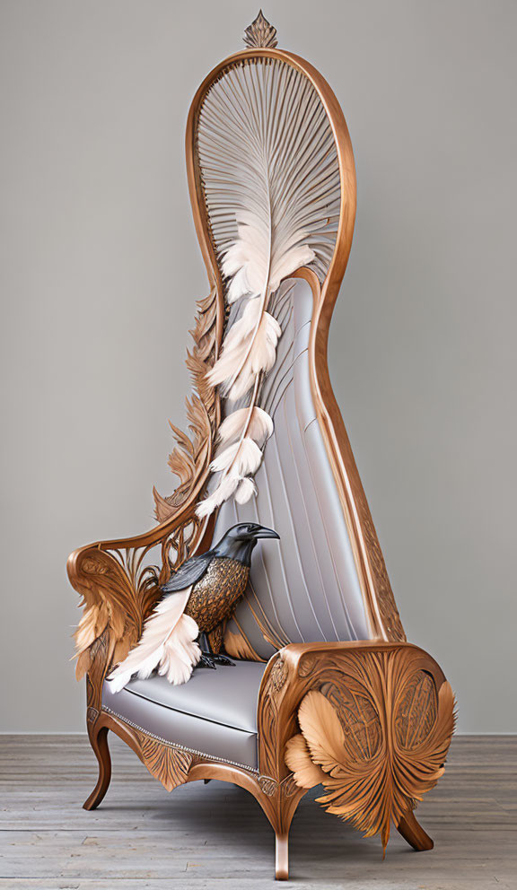 Luxurious Feather and Bird Design Chair with Intricate Woodwork