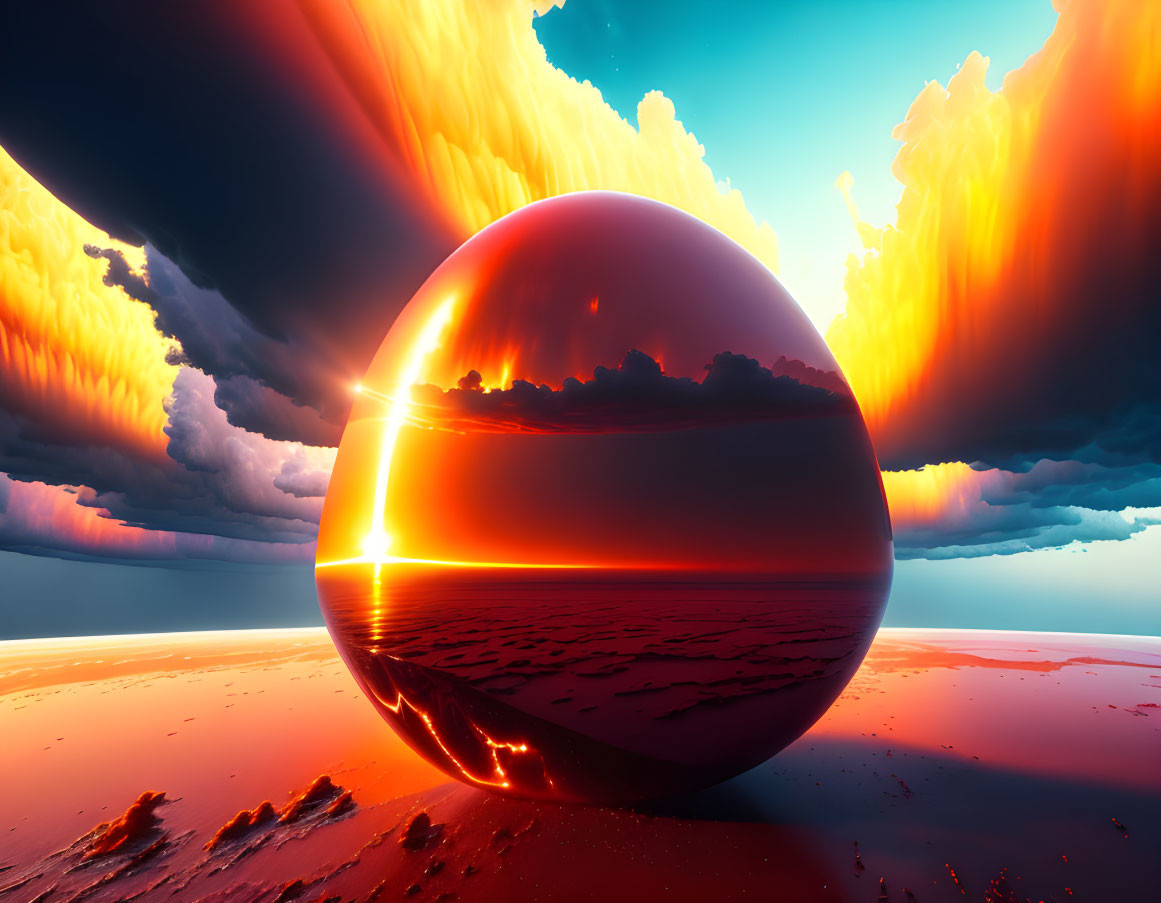 Vivid digital artwork: Red sphere reflects dramatic sunset