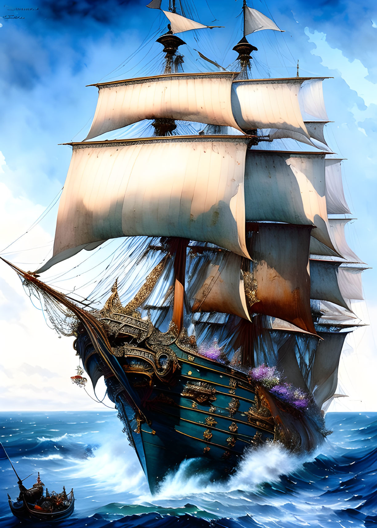 Historic tall ship sailing on the high seas with intricate bow detailing