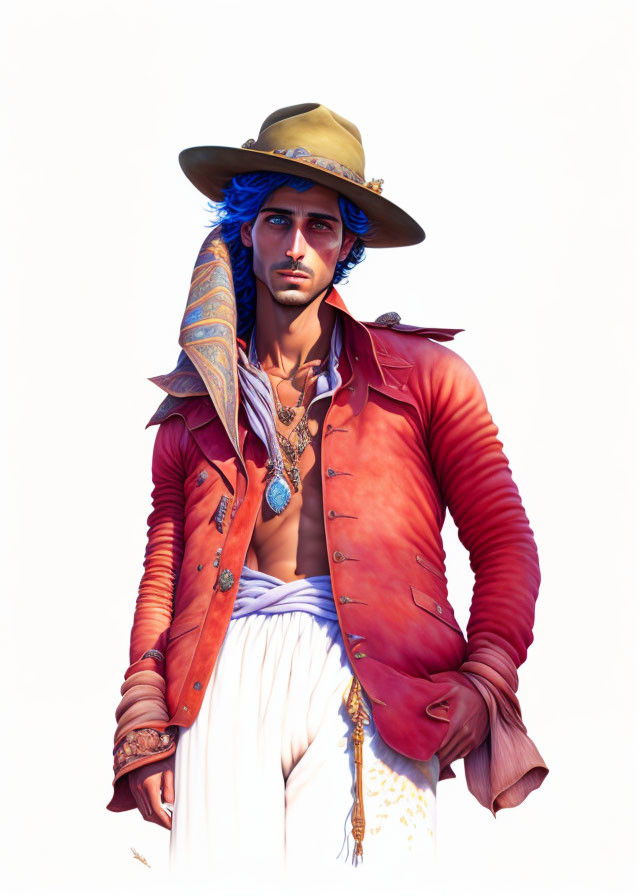 Stylish man in historical fashion: hat, red jacket, open chest, scarf