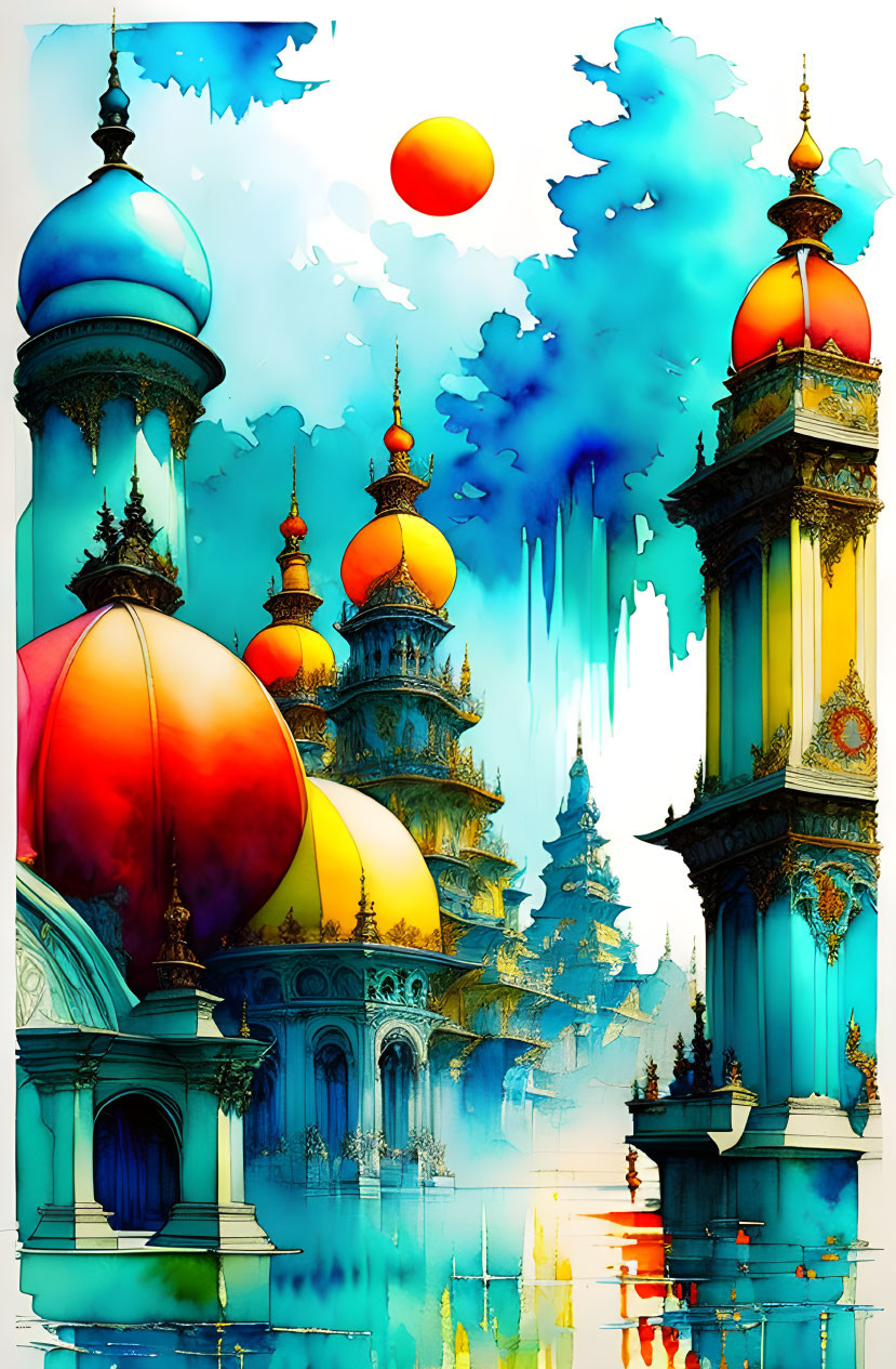 Colorful Towers Reflecting in Water Under Radiant Sun