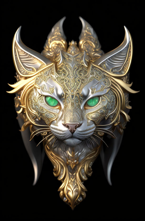 Intricate Golden Cat Mask with Emerald Green Eyes on Black Background