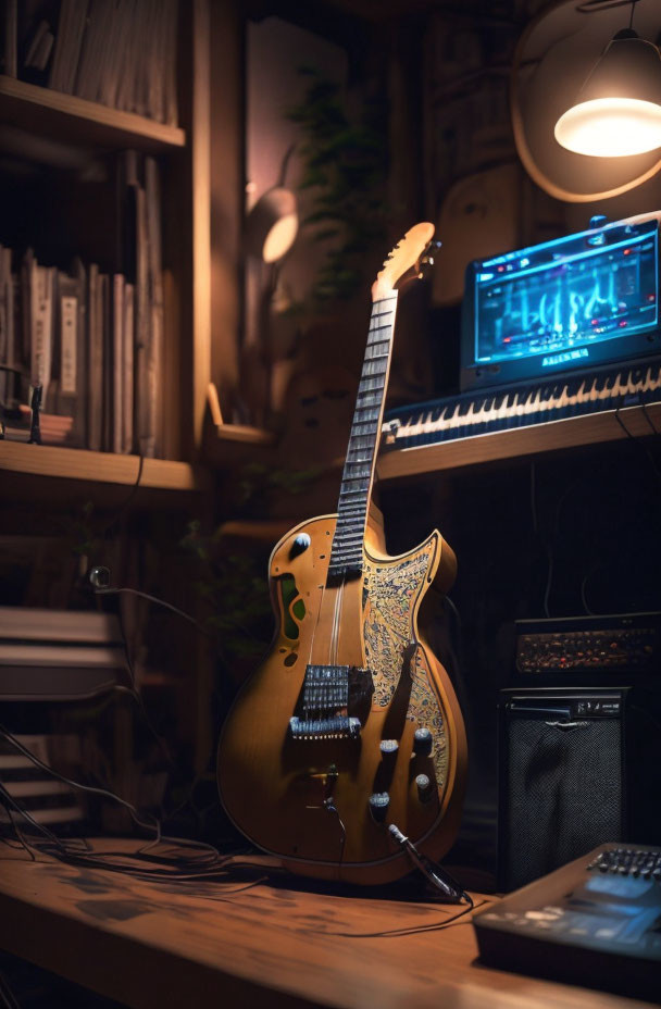 Cozy room with electric guitar, keyboard, and recording equipment