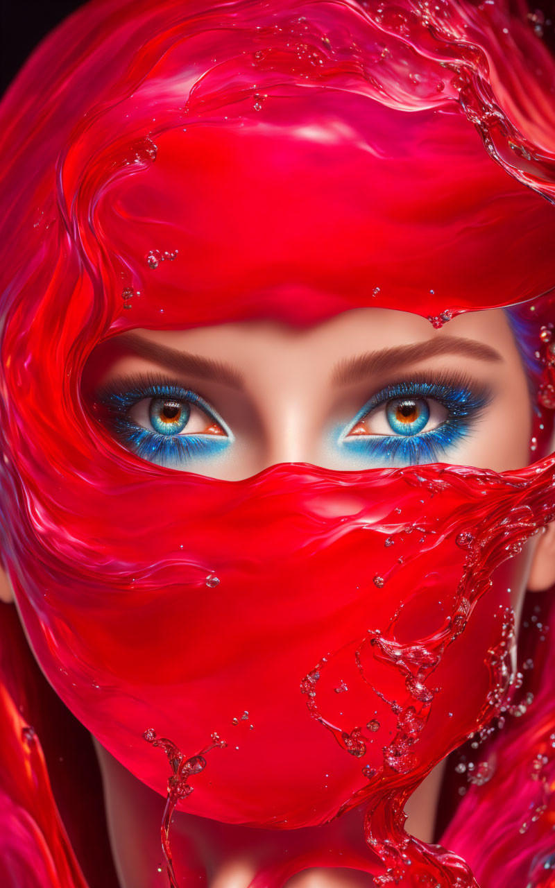 Detailed close-up: Blue eyes behind red liquid veil with water droplets