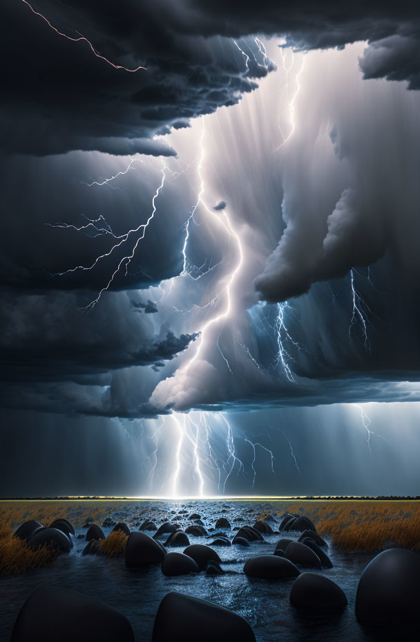 Dramatic thunderstorm with lightning strikes over stone field