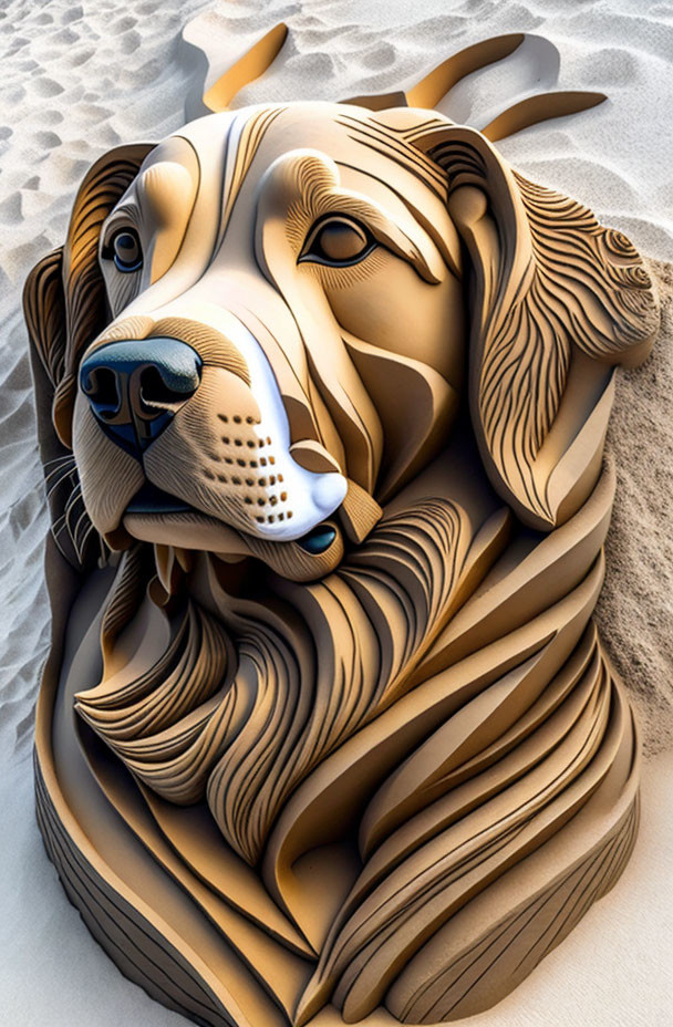 Detailed Sand Dog Sculpture with Intricate Layers on Sandy Background