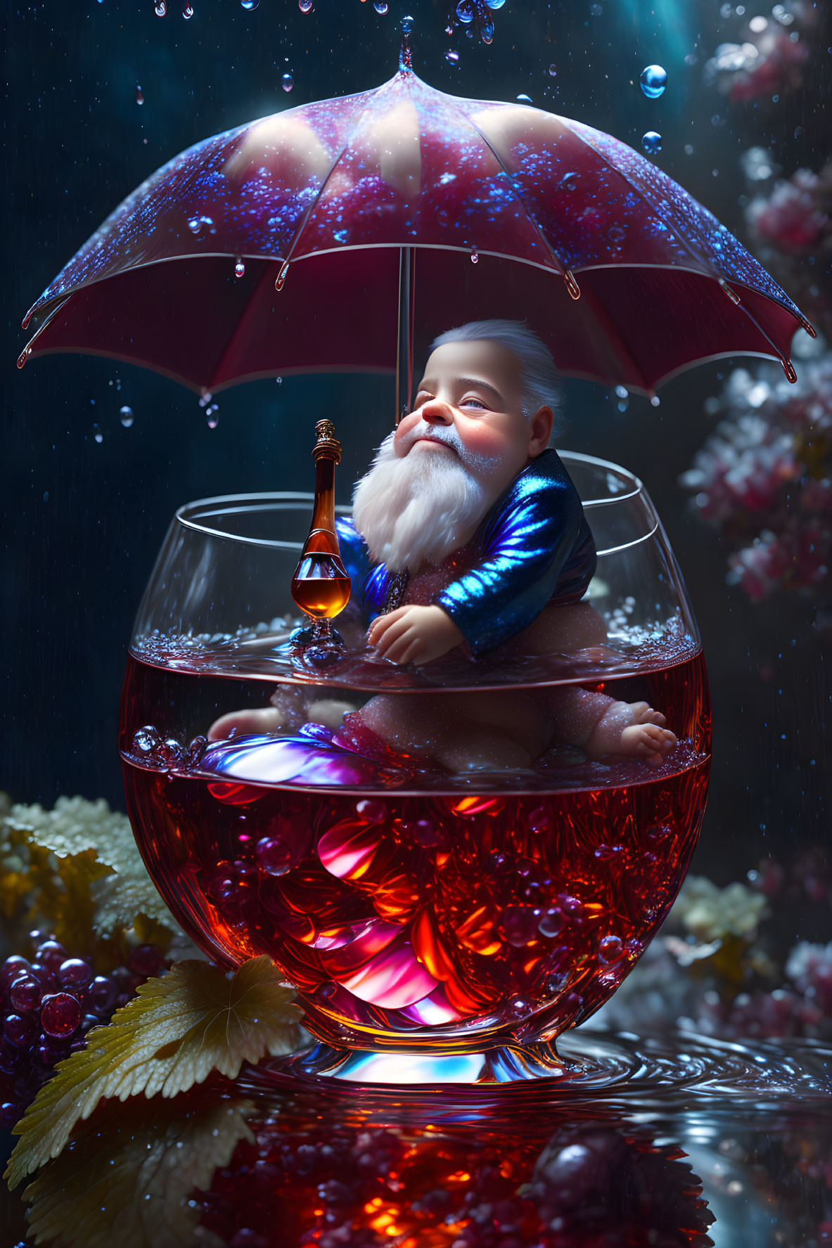 Miniature bearded character in wine glass with umbrella, flowers, and water droplets