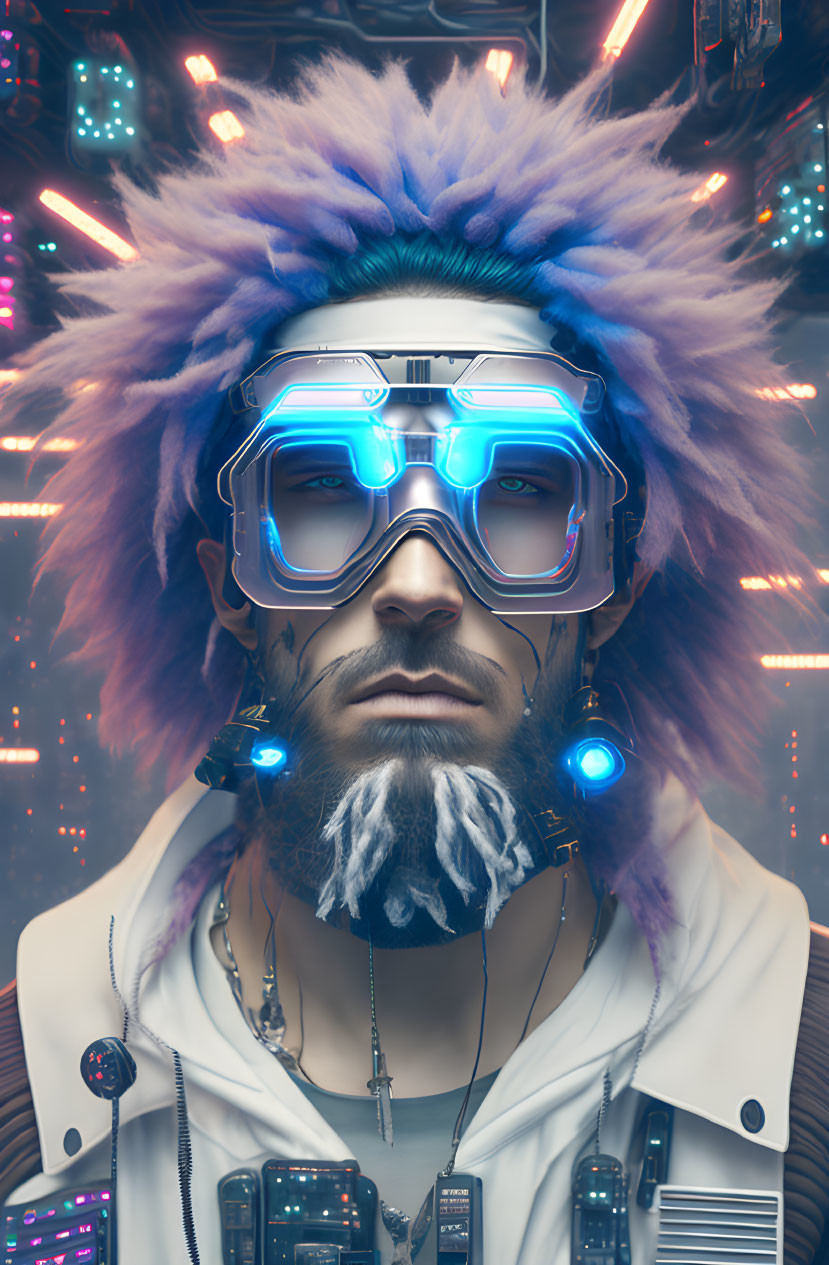 Futuristic man with purple hair, glowing goggles, beard, and cybernetic enhancements