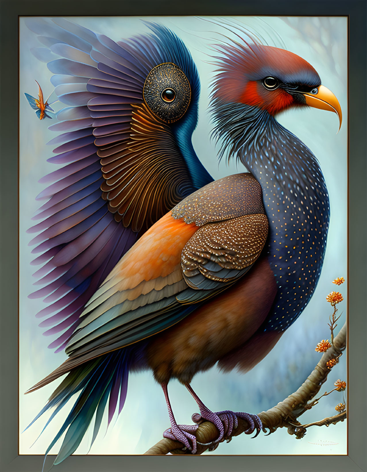 Colorful painting of two stylized birds with intricate plumage perched on a branch, accompanied by