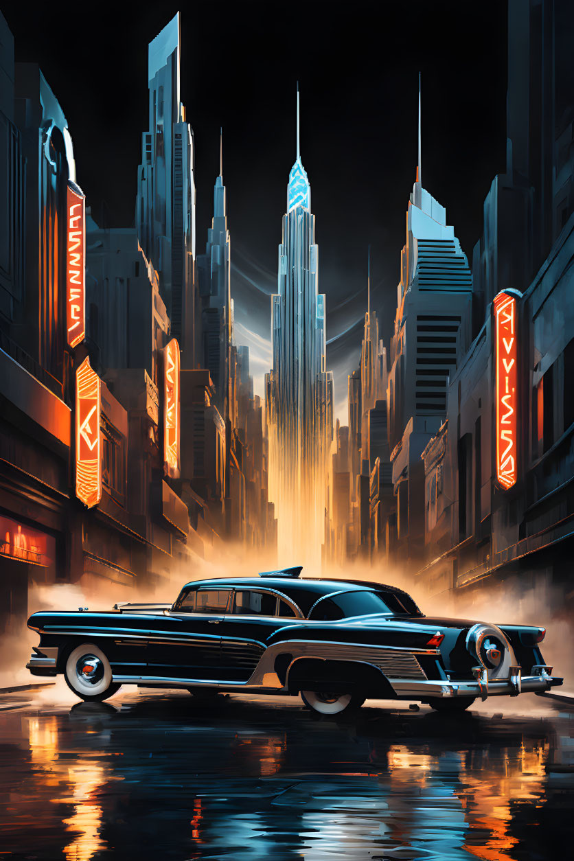 Vintage car in futuristic cityscape with neon signs and skyscrapers at dusk