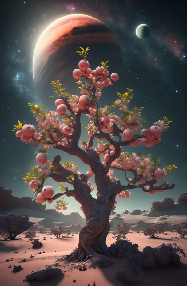 Whimsical tree with pink blossoms and round fruits under starry sky, large planet and moon