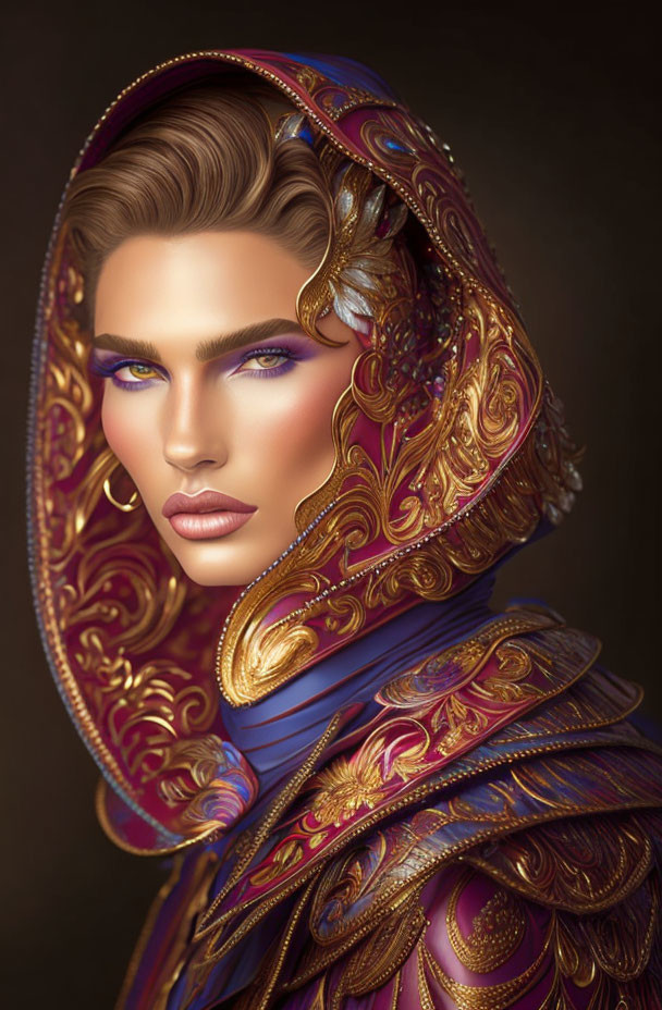 Person with Striking Makeup in Ornate Golden Armor